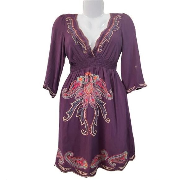 Flying Tomato Women's Plum Woven Smocked Waist Embroidered Mini Dress Boho SZ S - Picture 1 of 10